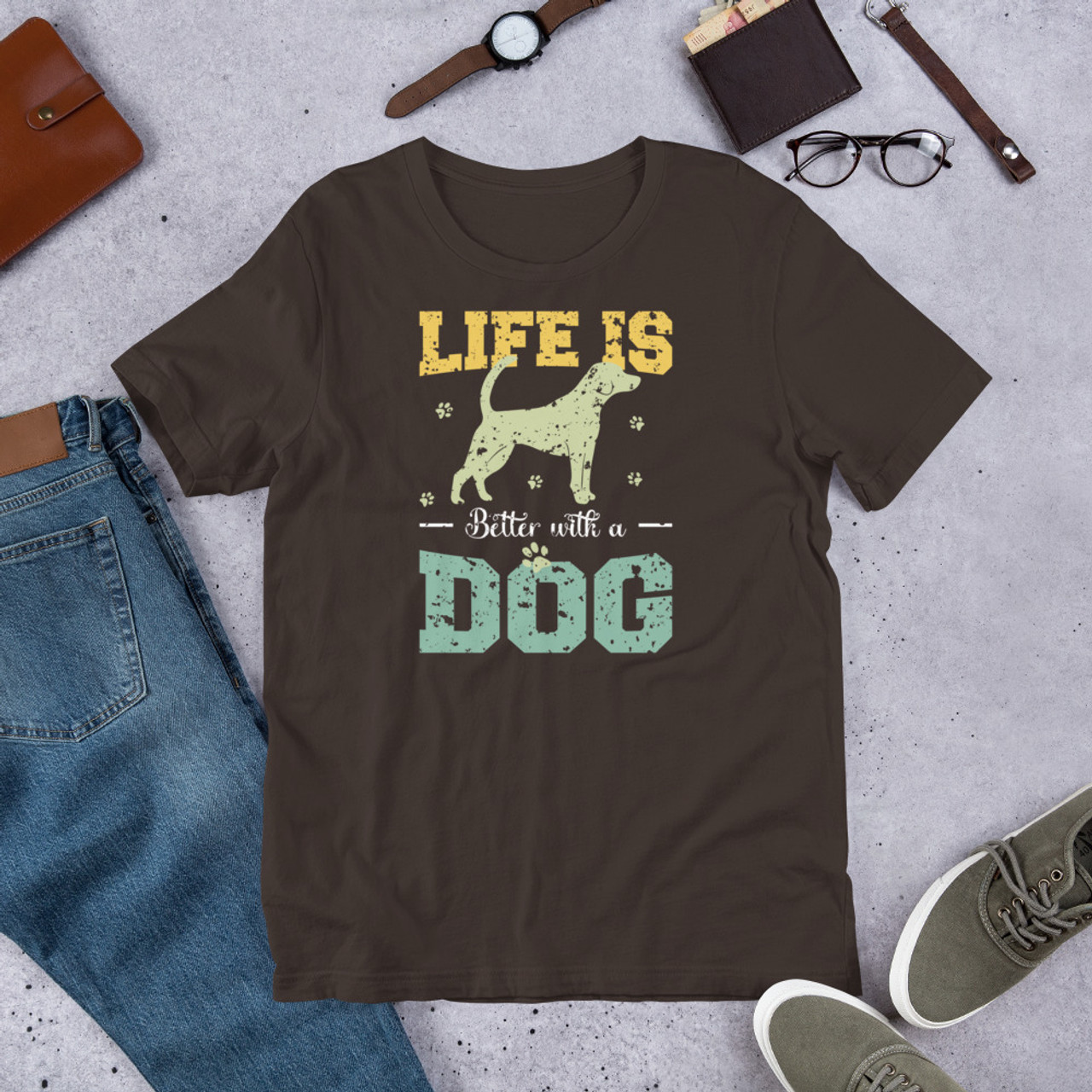 Brown T-Shirt - Bella + Canvas 3001 Life Is Better With A Dog