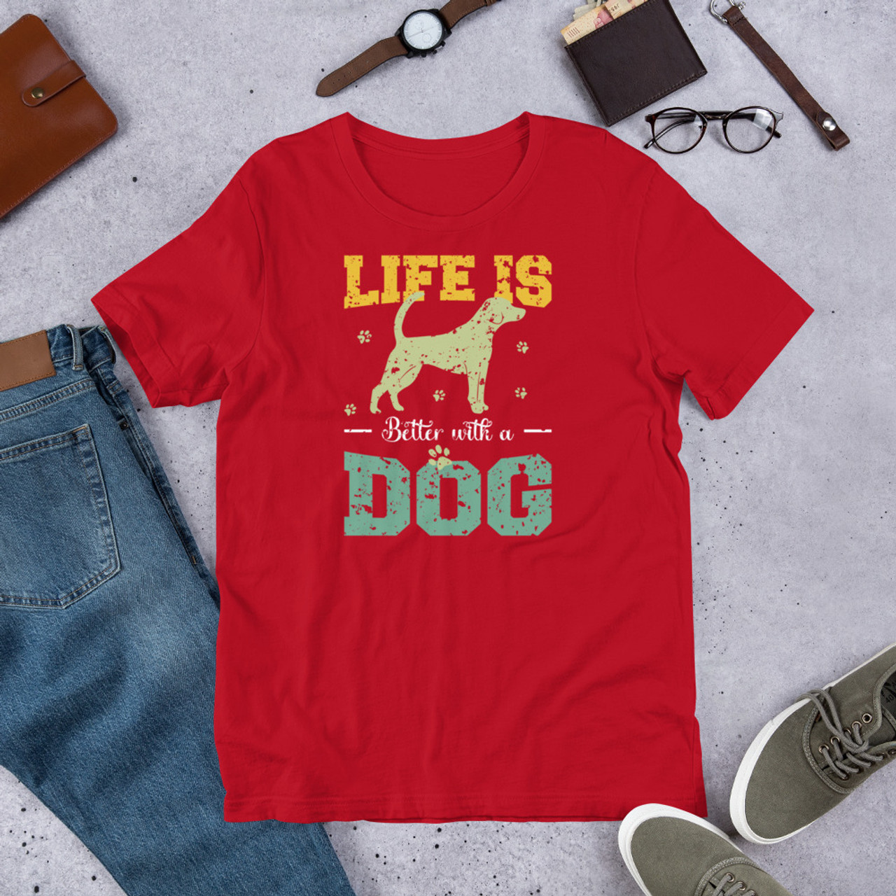 Red T-Shirt - Bella + Canvas 3001 Life Is Better With A Dog