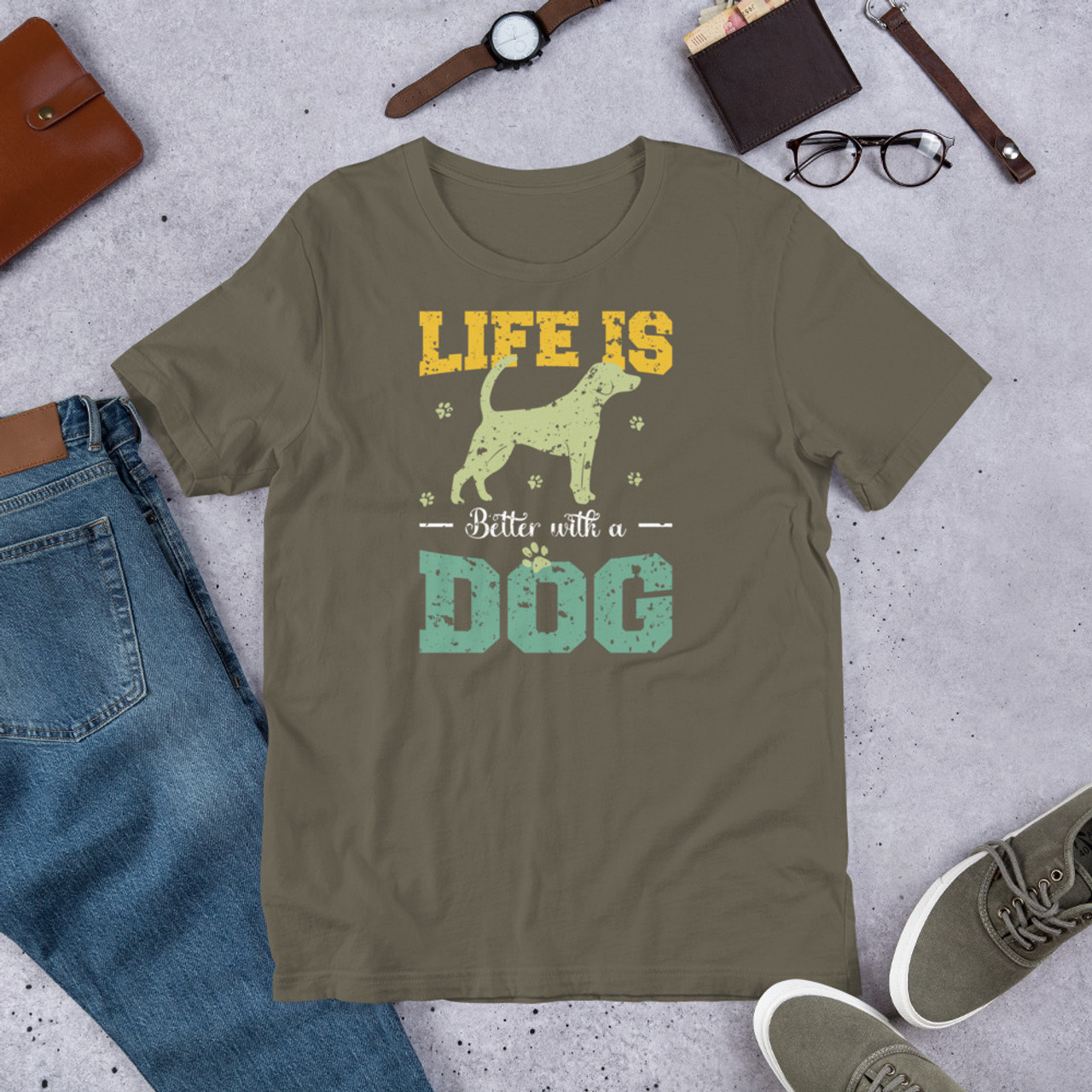 Army T-Shirt - Bella + Canvas 3001 Life Is Better With A Dog