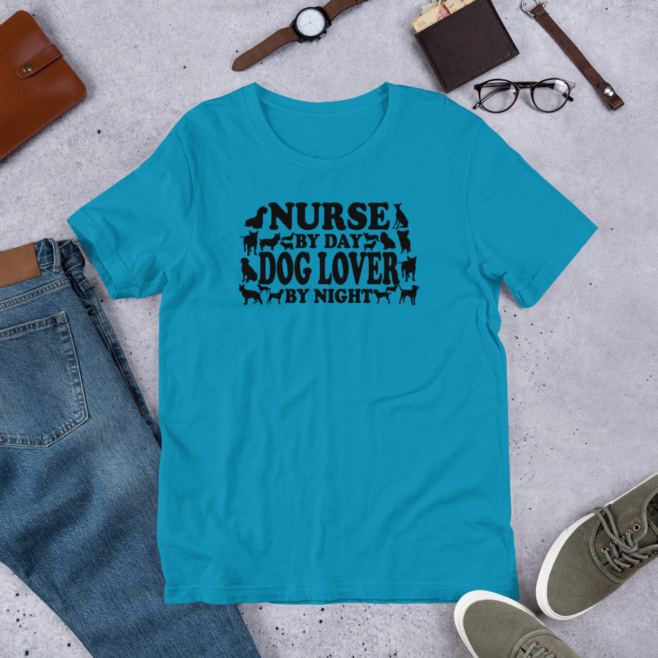 Aqua T-Shirt - Bella + Canvas 3001 Nurse By Day Dog Lover By Night