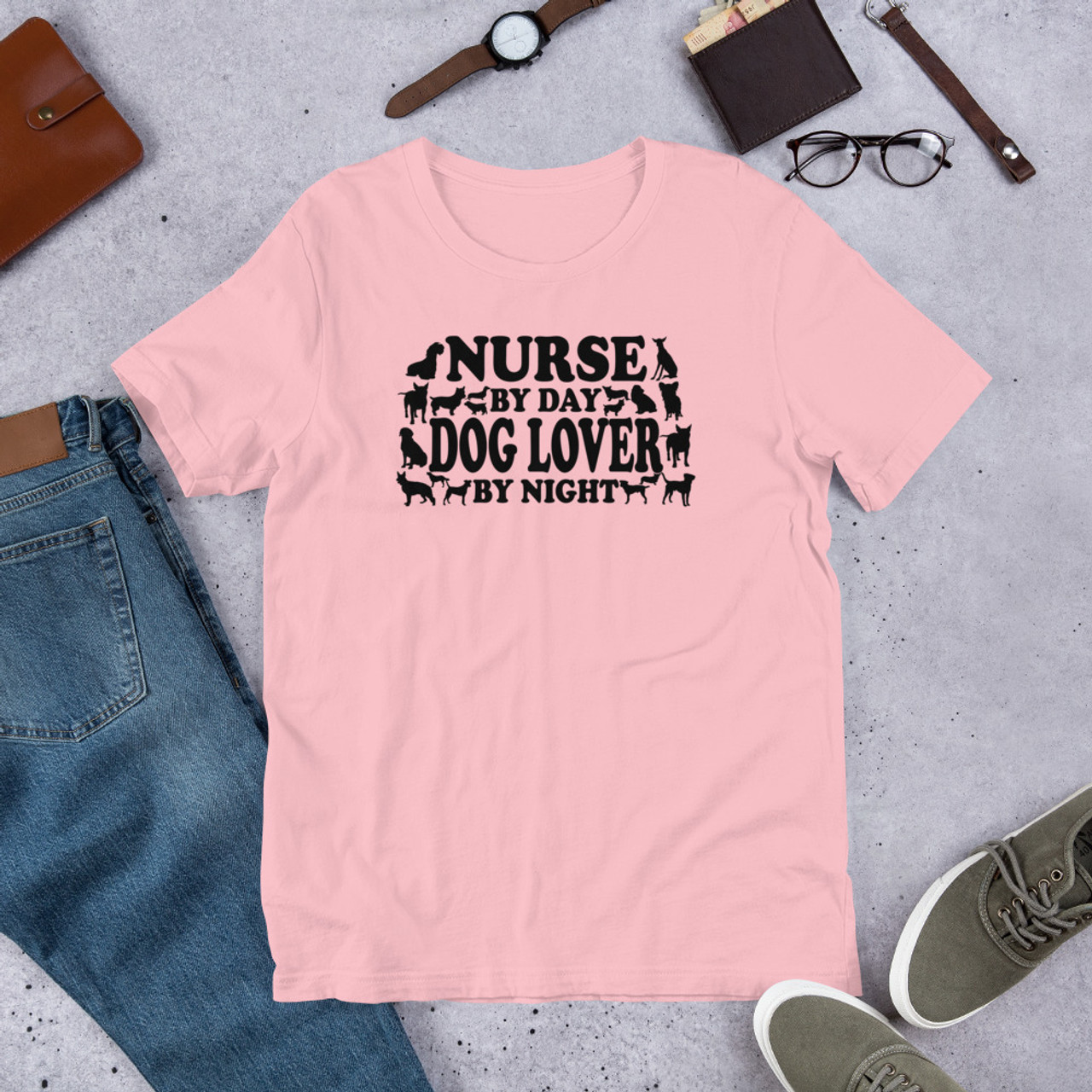 Pink T-Shirt - Bella + Canvas 3001 Nurse By Day Dog Lover By Night