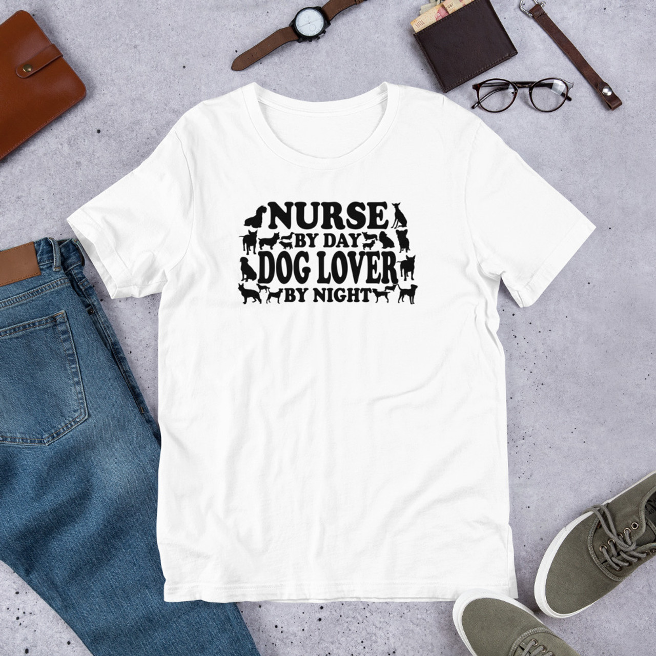 White T-Shirt - Bella + Canvas 3001 Nurse By Day Dog Lover By Night