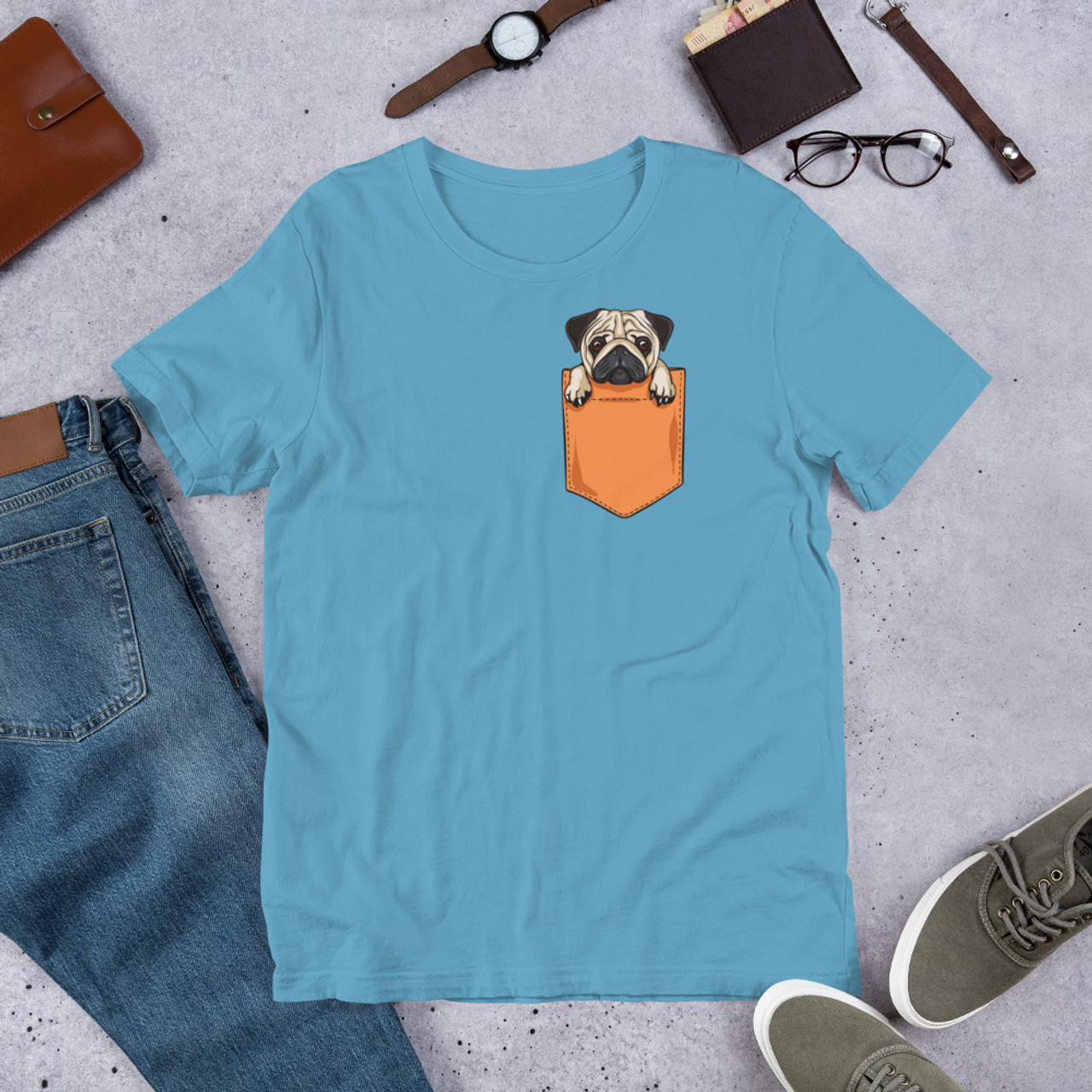 Ocean Blue T-Shirt - Bella + Canvas 3001 Pug Pocket