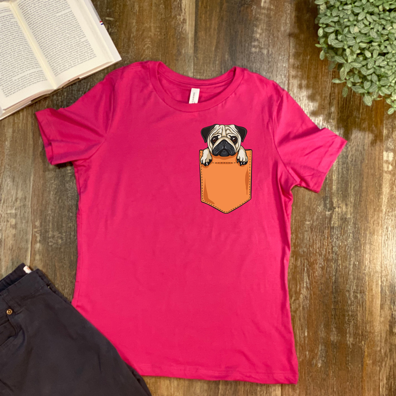 Berry Pug Pocket Women's Relaxed T-Shirt - Bella + Canvas 6400