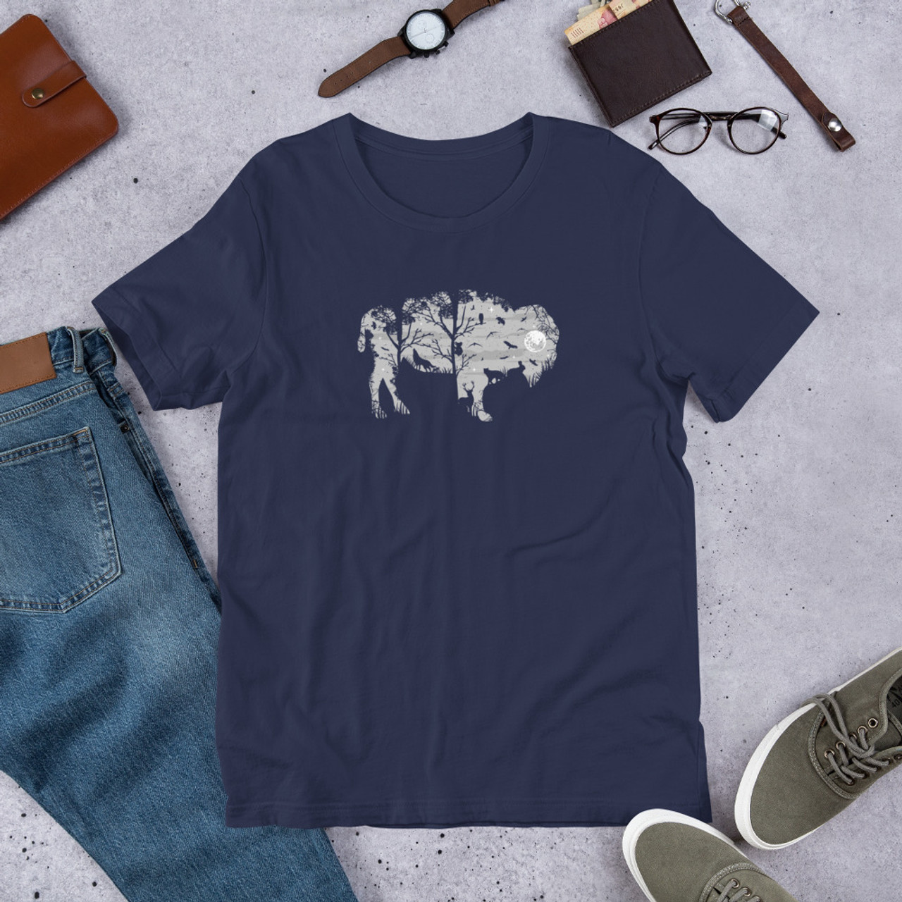 Navy T-Shirt - Bella + Canvas 3001 Wild Bison Silhouette