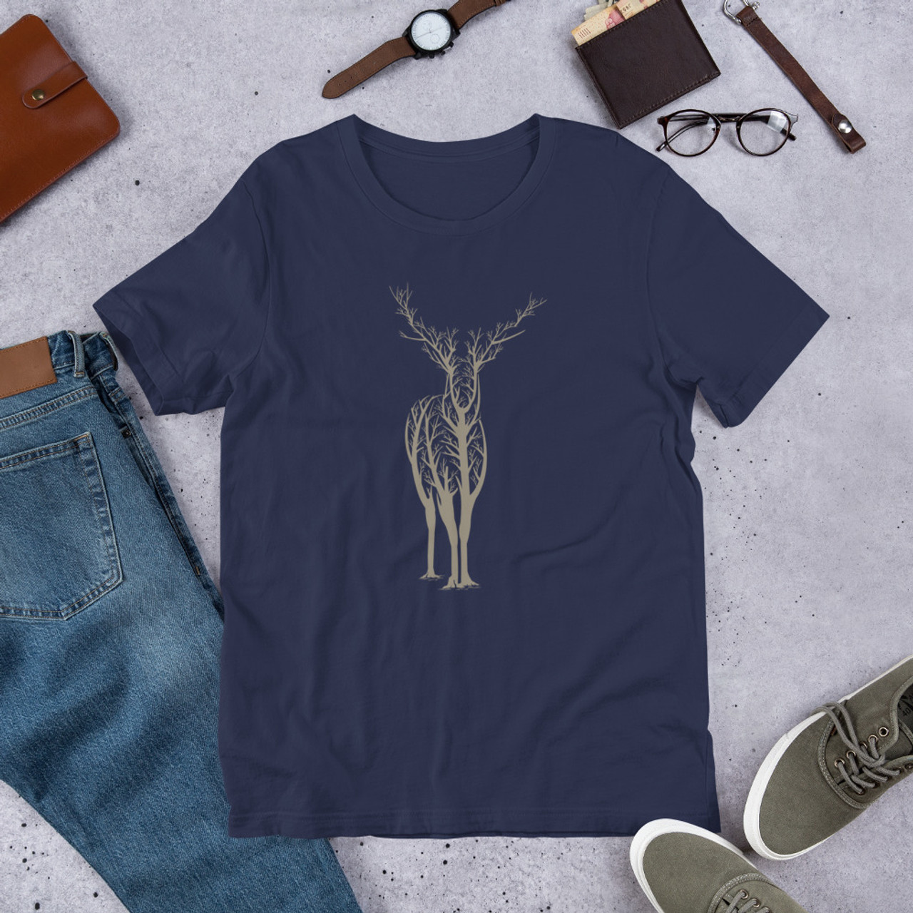 Navy T-Shirt - Bella + Canvas 3001 Deer Forest