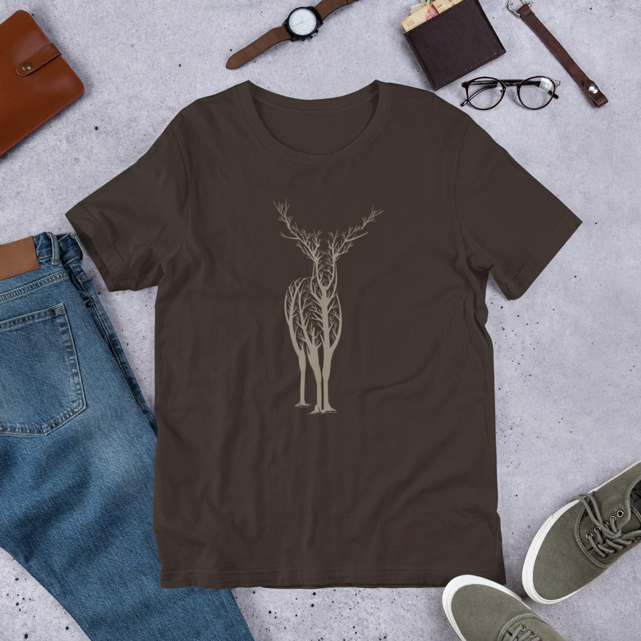 Brown T-Shirt - Bella + Canvas 3001 Deer Forest