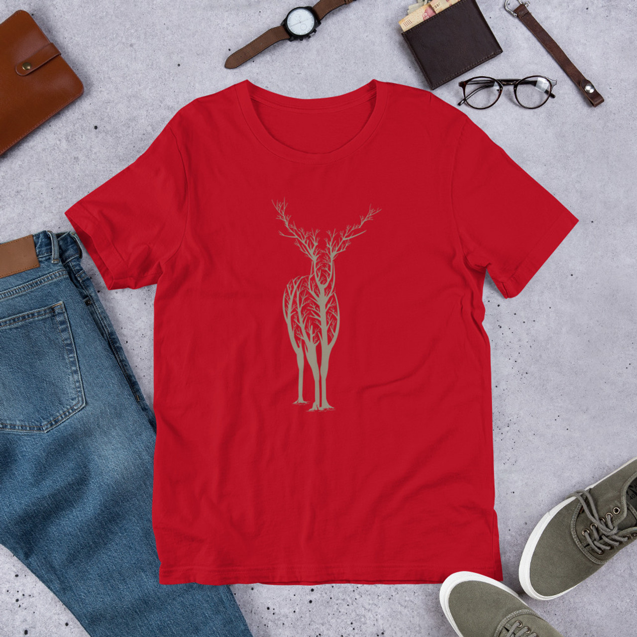 Red T-Shirt - Bella + Canvas 3001 Deer Forest
