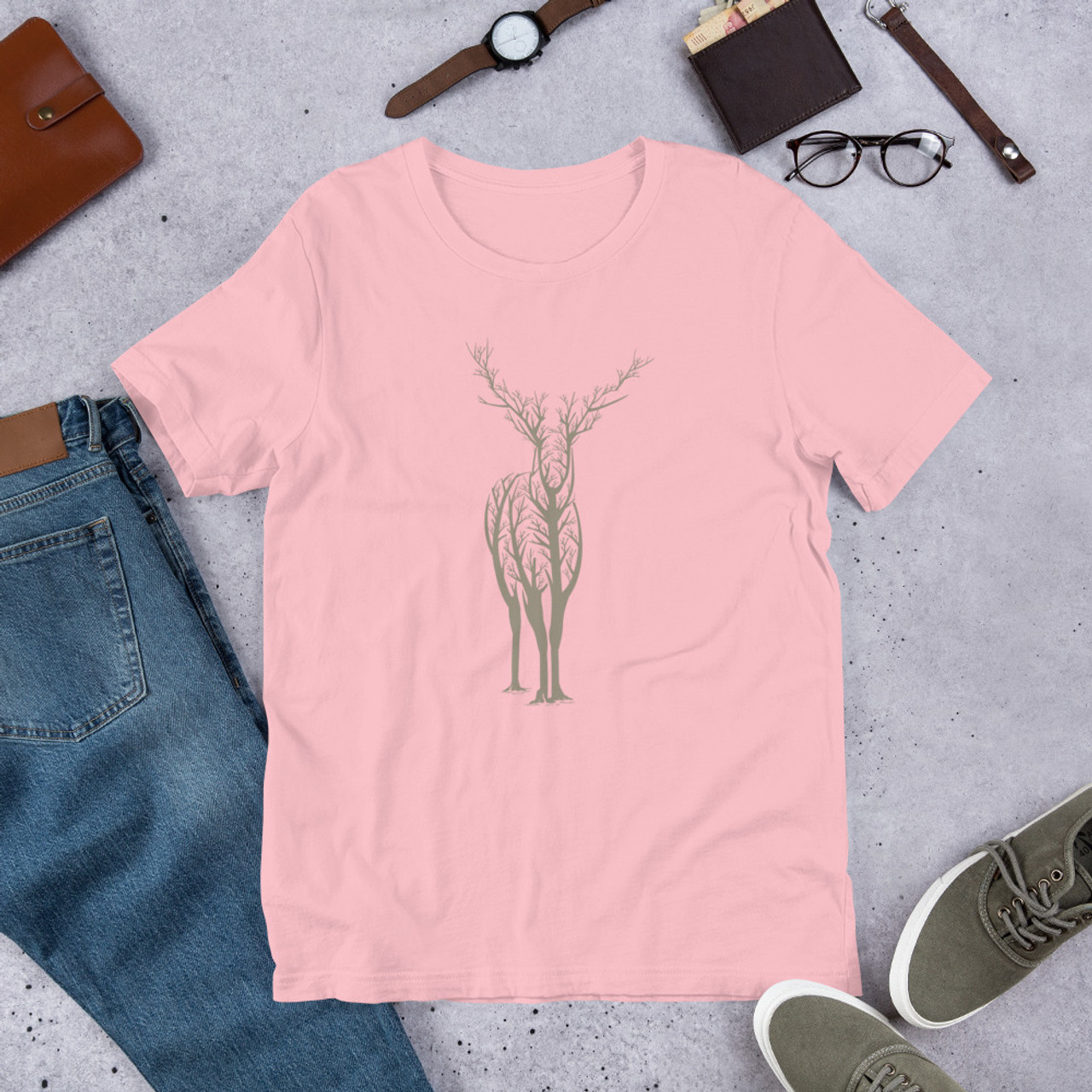 Pink T-Shirt - Bella + Canvas 3001 Deer Forest