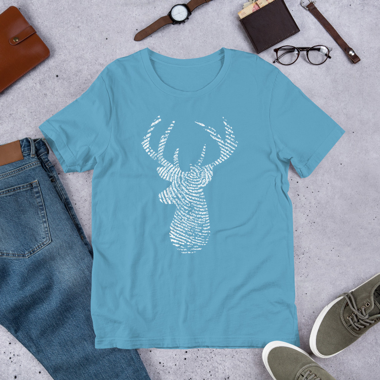 Ocean Blue T-Shirt - Bella + Canvas 3001 Deer Print