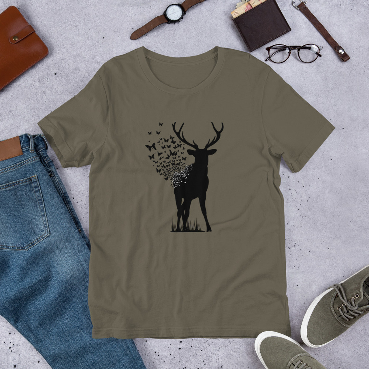 Army T-Shirt - Bella + Canvas 3001 Deer Butterfly