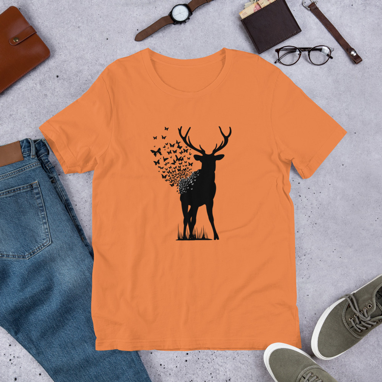 Burnt Orange T-Shirt - Bella + Canvas 3001 Deer Butterfly