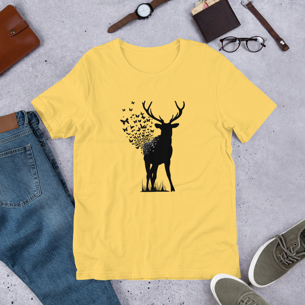 Yellow T-Shirt - Bella + Canvas 3001 Deer Butterfly