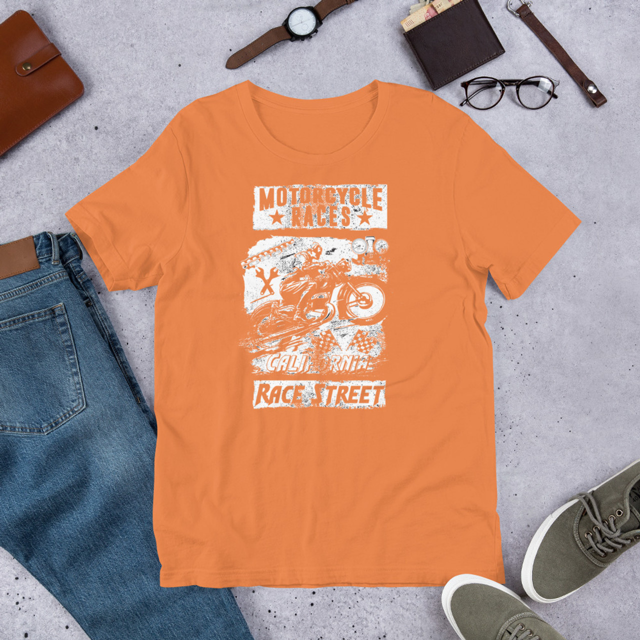 burnt orange  t shirt motorcycle races