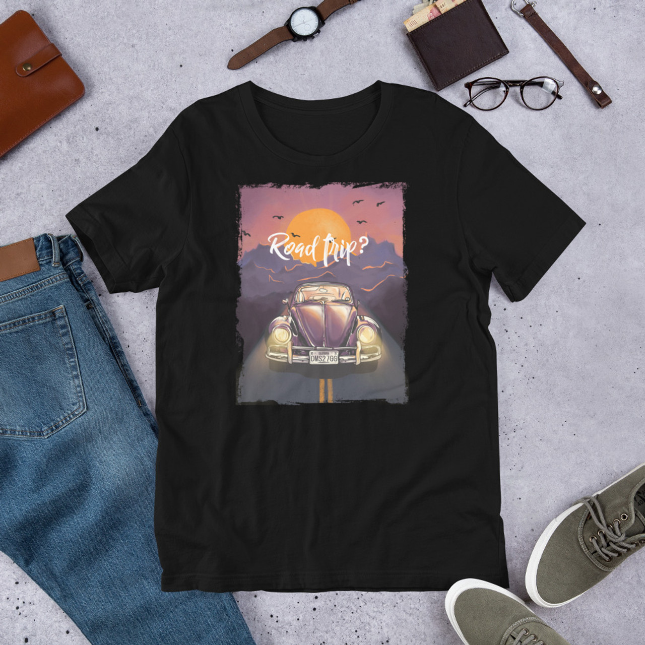 Black T-Shirt - Bella + Canvas 3001 Sunset Road Trip