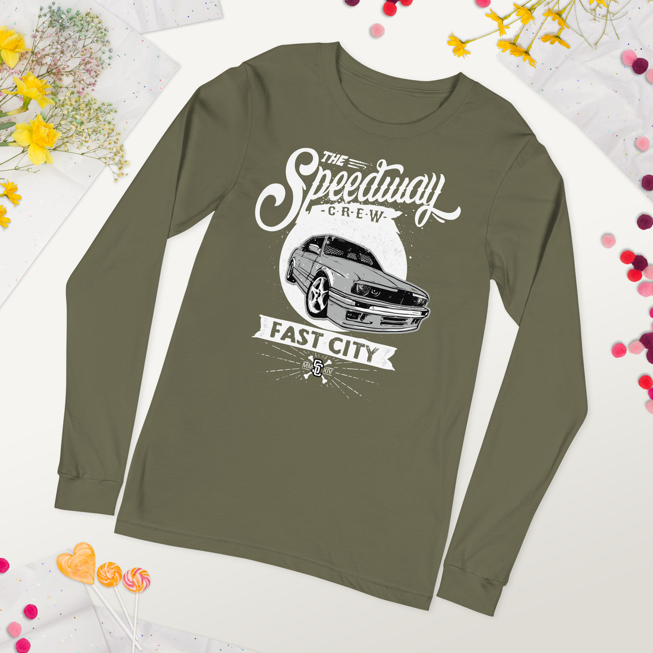 Military Green The Speedway Crew  Unisex Long Sleeve Tee - Bella + Canvas 3501