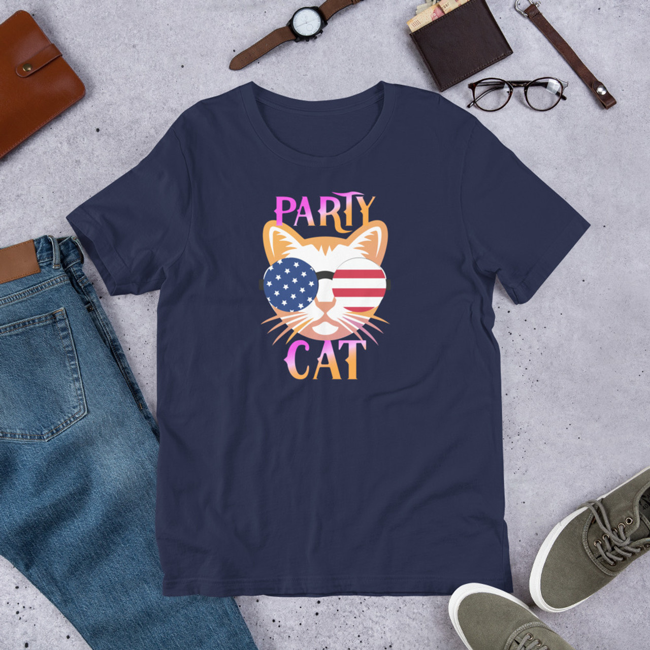 Navy T-Shirt - Bella + Canvas 3001 Party Cat