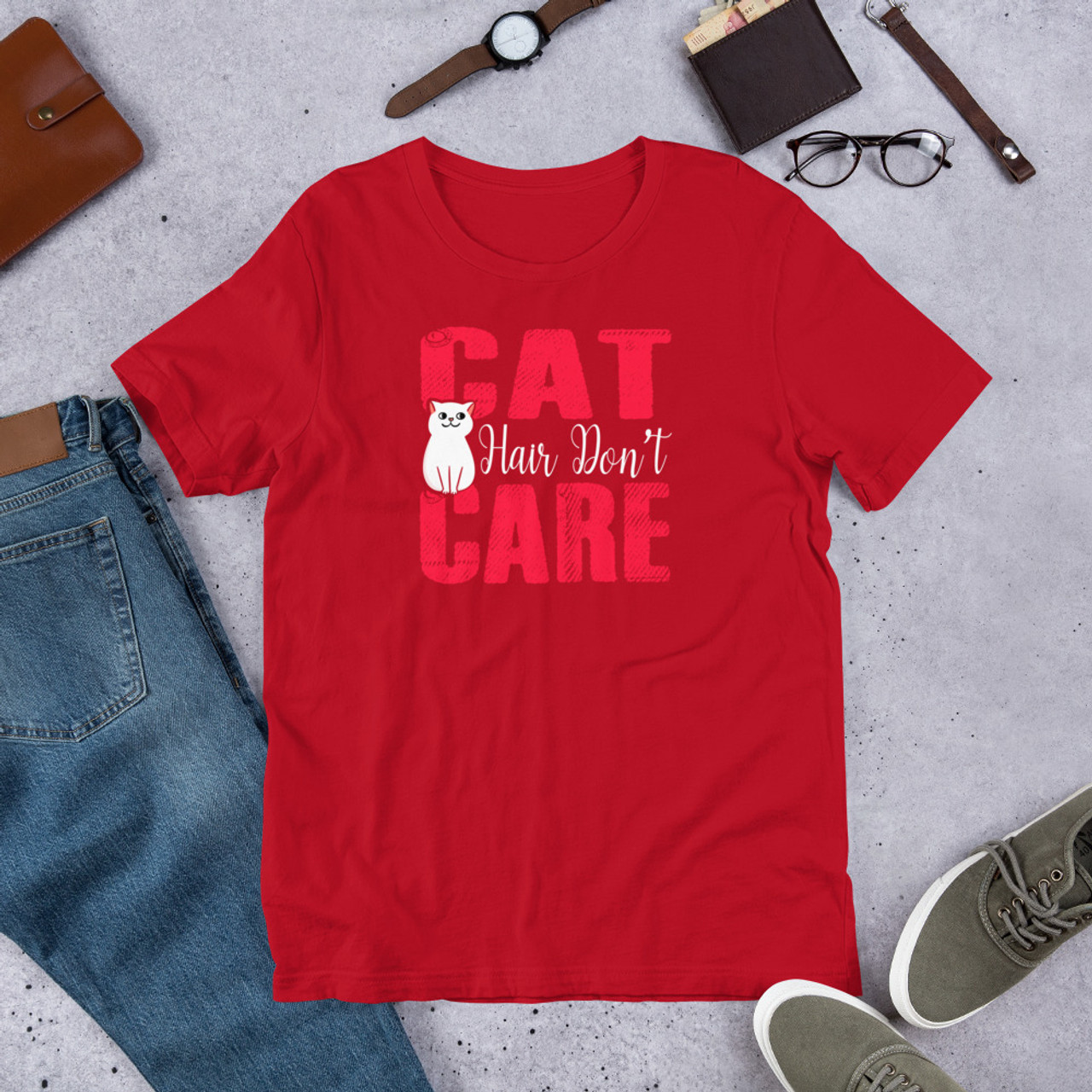 Red T-Shirt - Bella + Canvas 3001 Cat Hair Don't Care