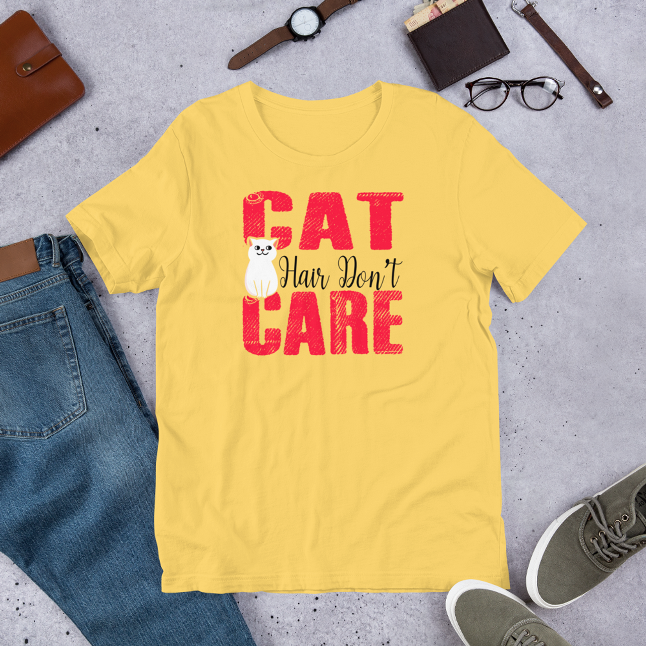 Yellow T-Shirt - Bella + Canvas 3001 Cat Hair Don't Care
