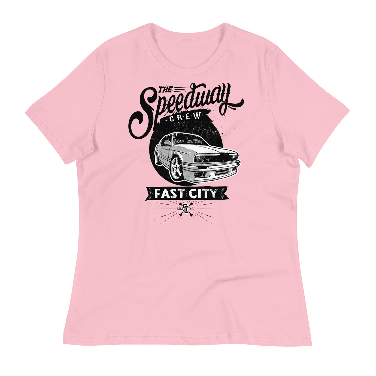 Pink-The Speedway Crew Women's Relaxed T-Shirt - Bella + Canvas 6400