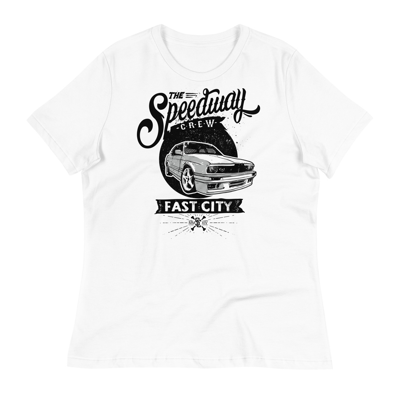 White-The Speedway Crew Women's Relaxed T-Shirt - Bella + Canvas 6400