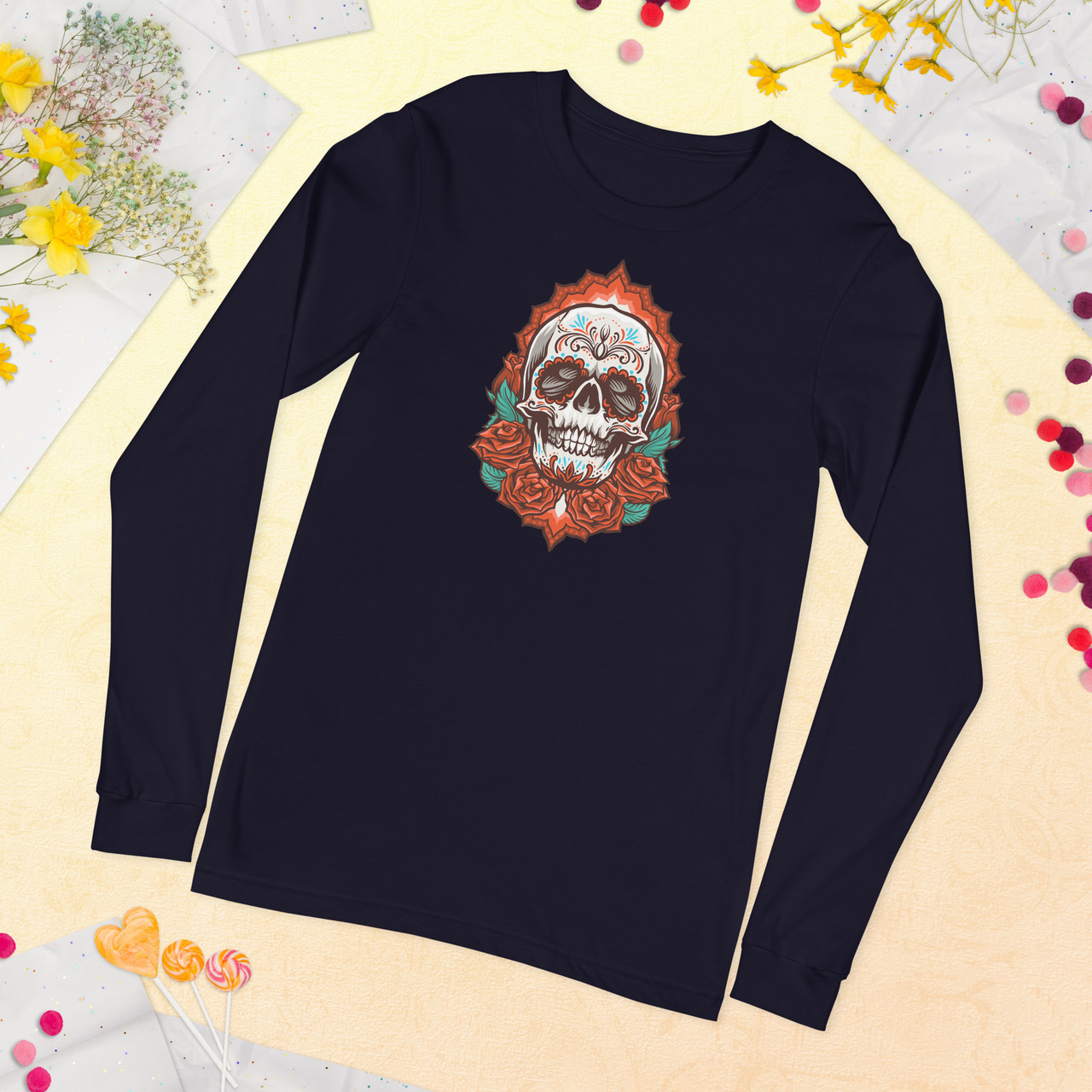 Rose Skull Unisex Long Sleeve Tee - Bella + Canvas 3501 