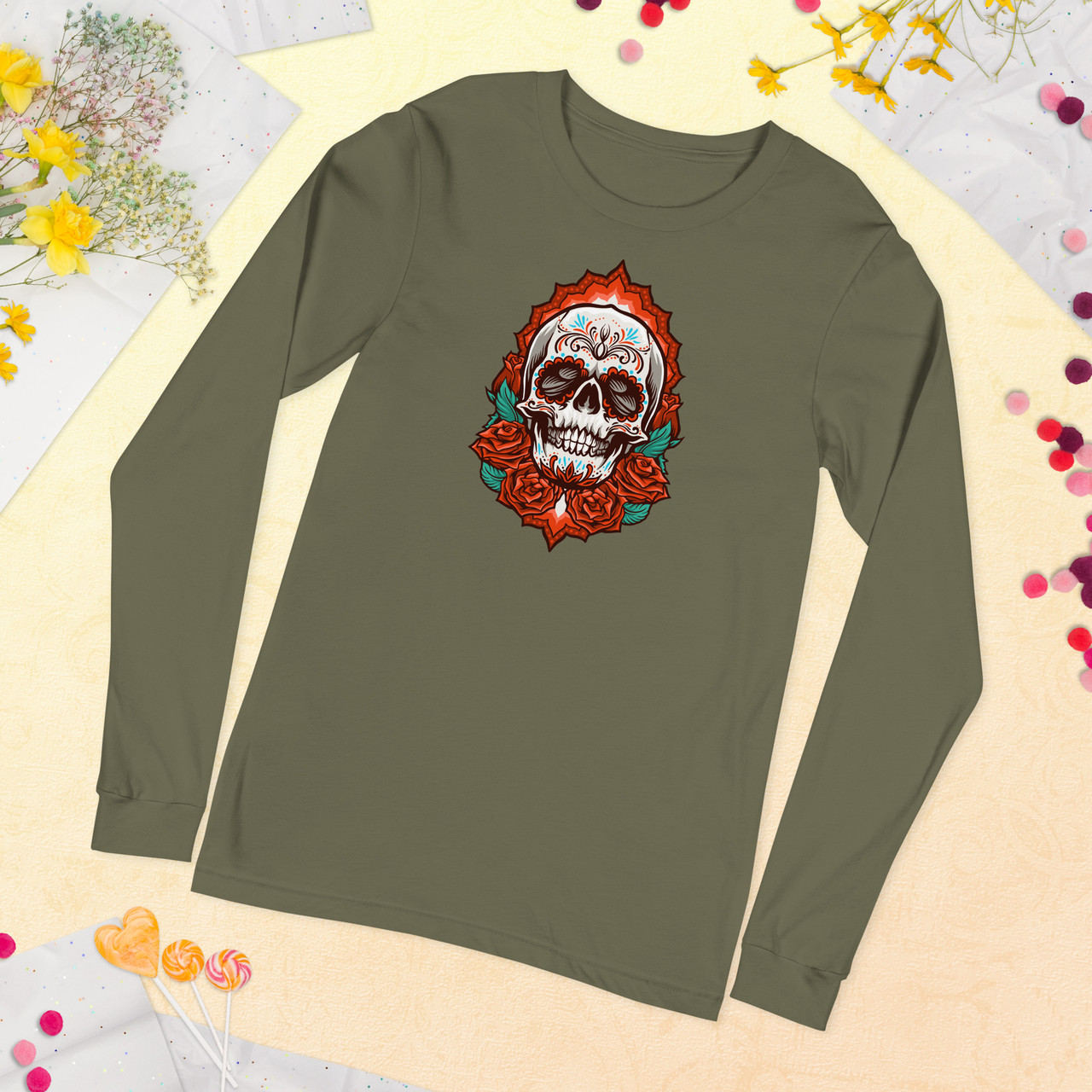 Rose Skull Unisex Long Sleeve Tee - Bella + Canvas 3501 