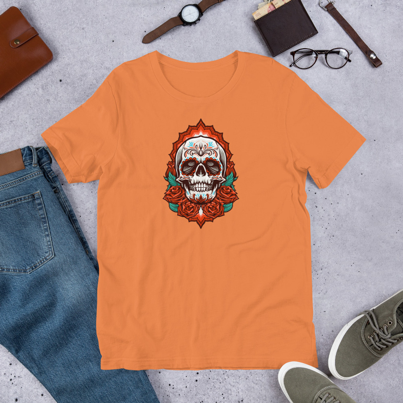 Burnt Orange T-Shirt - Bella + Canvas 3001 Rose Skull