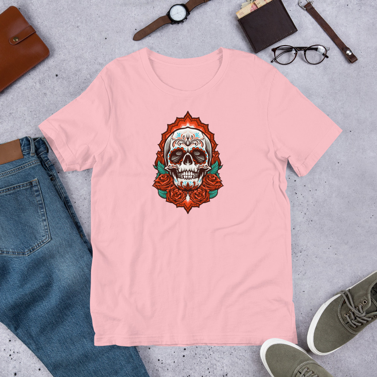 Pink T-Shirt - Bella + Canvas 3001 Rose Skull