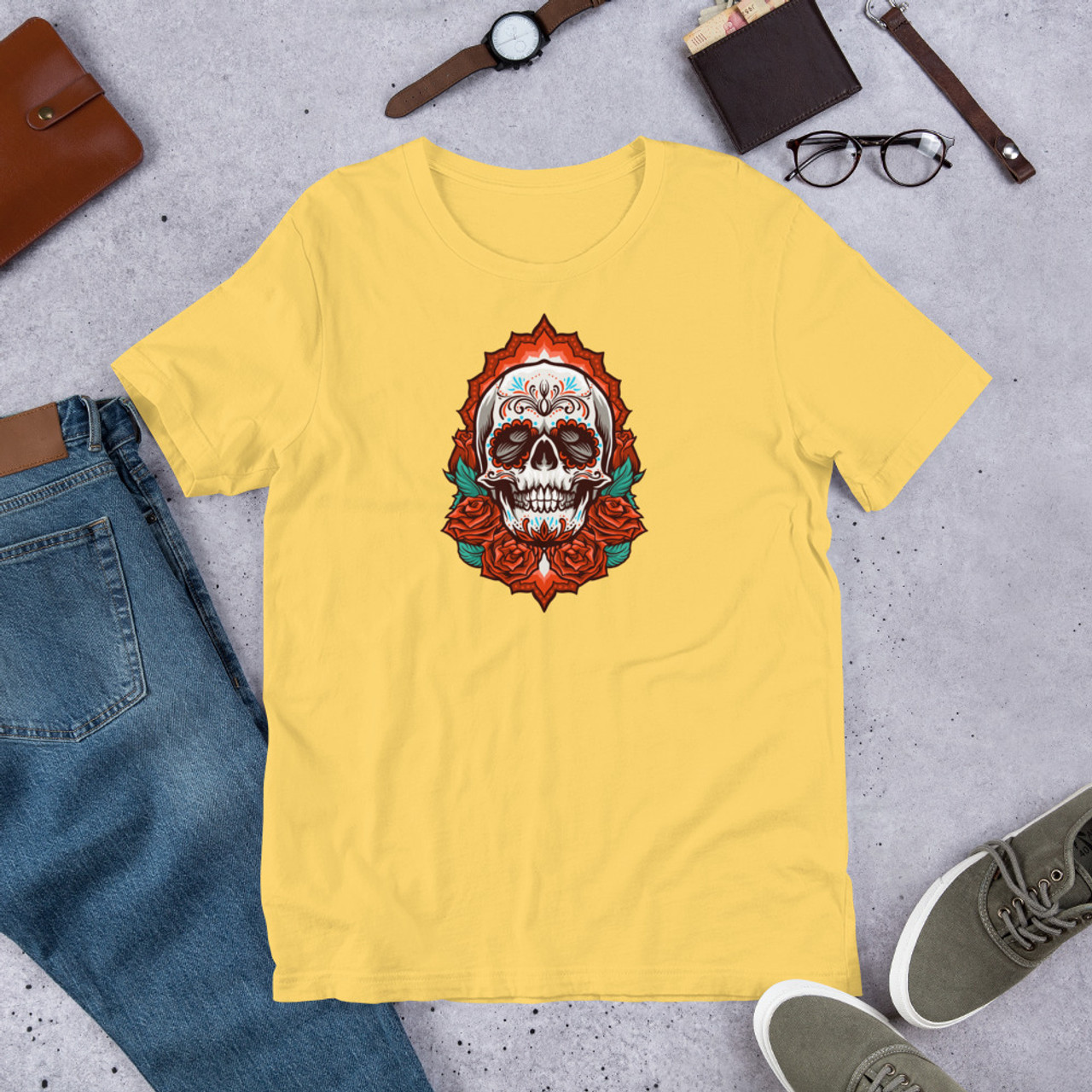 Yellow T-Shirt - Bella + Canvas 3001 Rose Skull