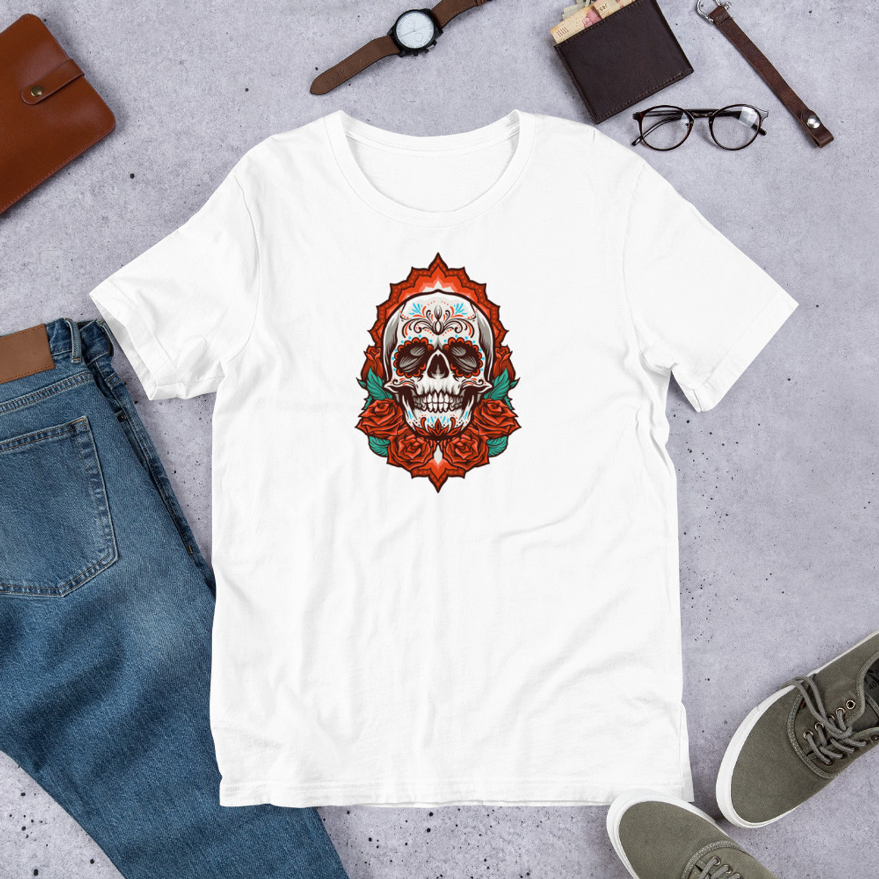 White T-Shirt - Bella + Canvas 3001 Rose Skull