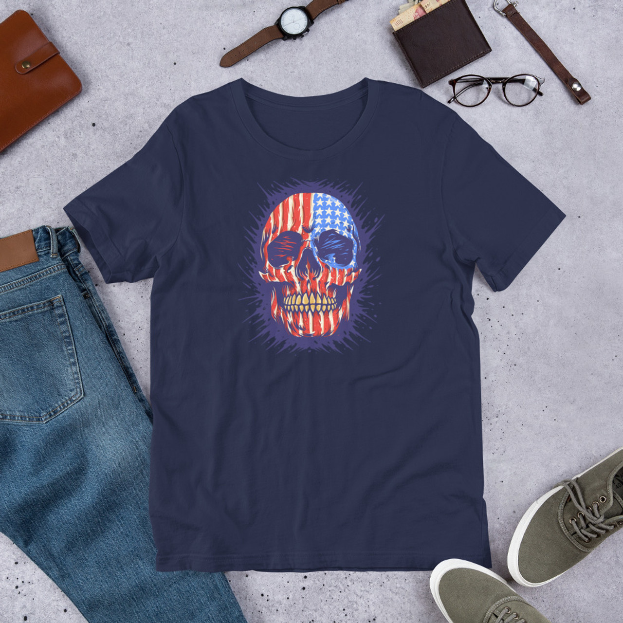 Navy T-Shirt - Bella + Canvas 3001 American Skull
