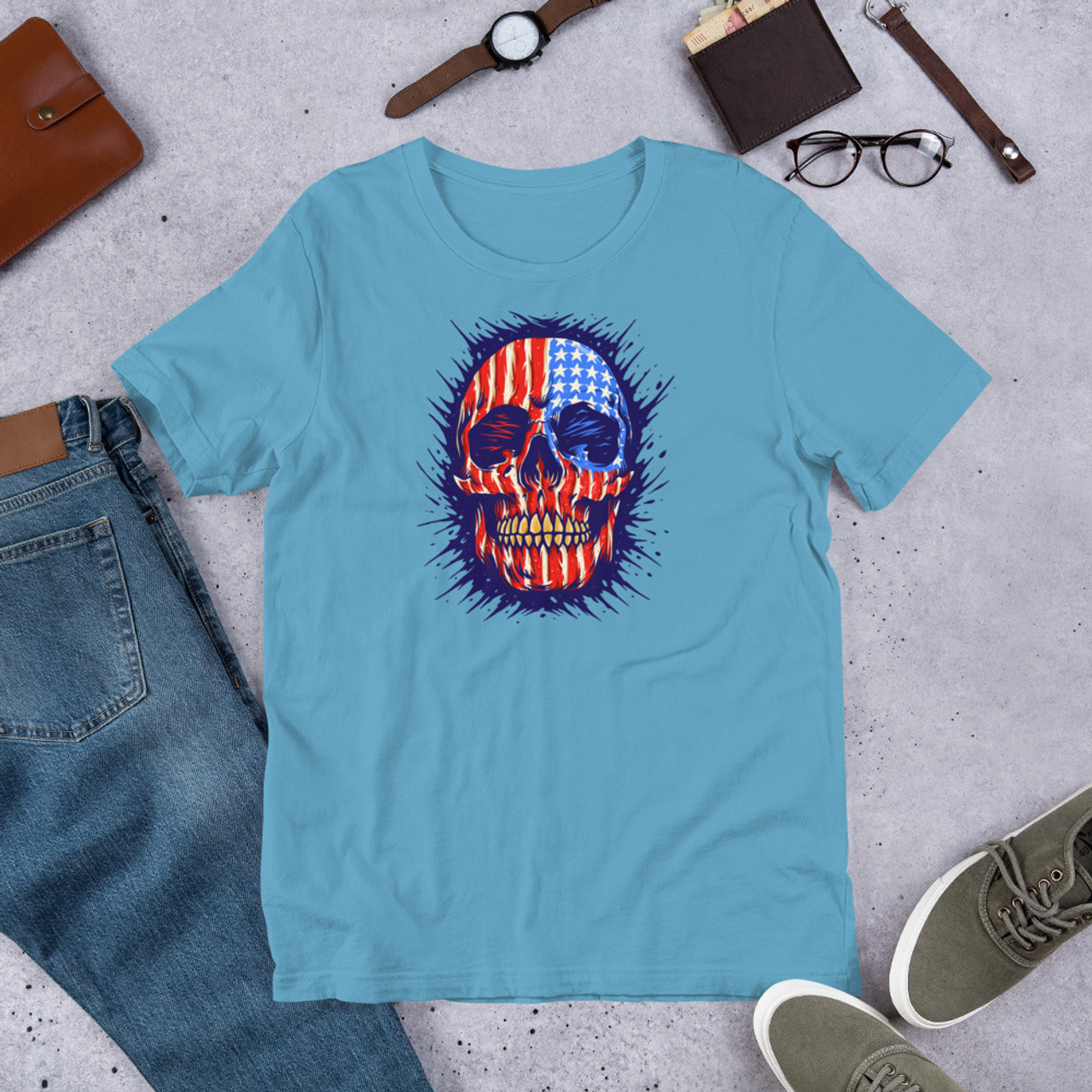 Ocean Blue T-Shirt - Bella + Canvas 3001 American Skull