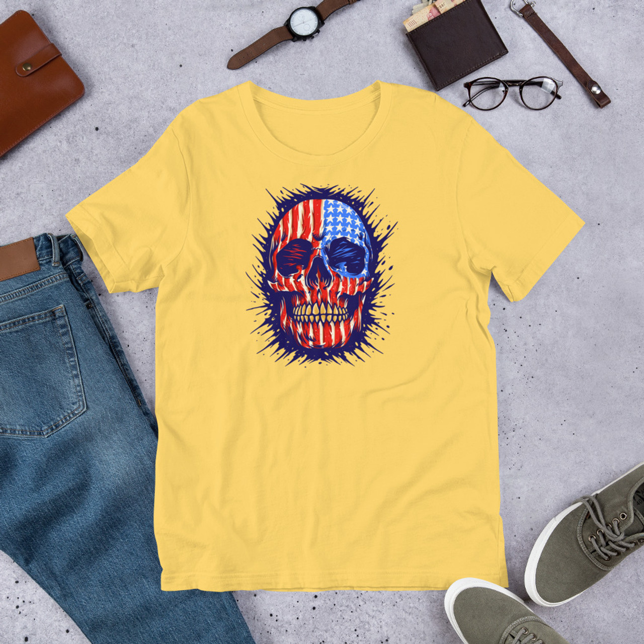 Yellow T-Shirt - Bella + Canvas 3001 American Skull