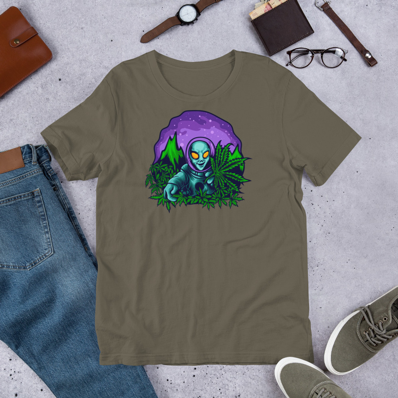 Army  Unisex Staple T-Shirt - Bella + Canvas 3001 Alien Cannabis Garden