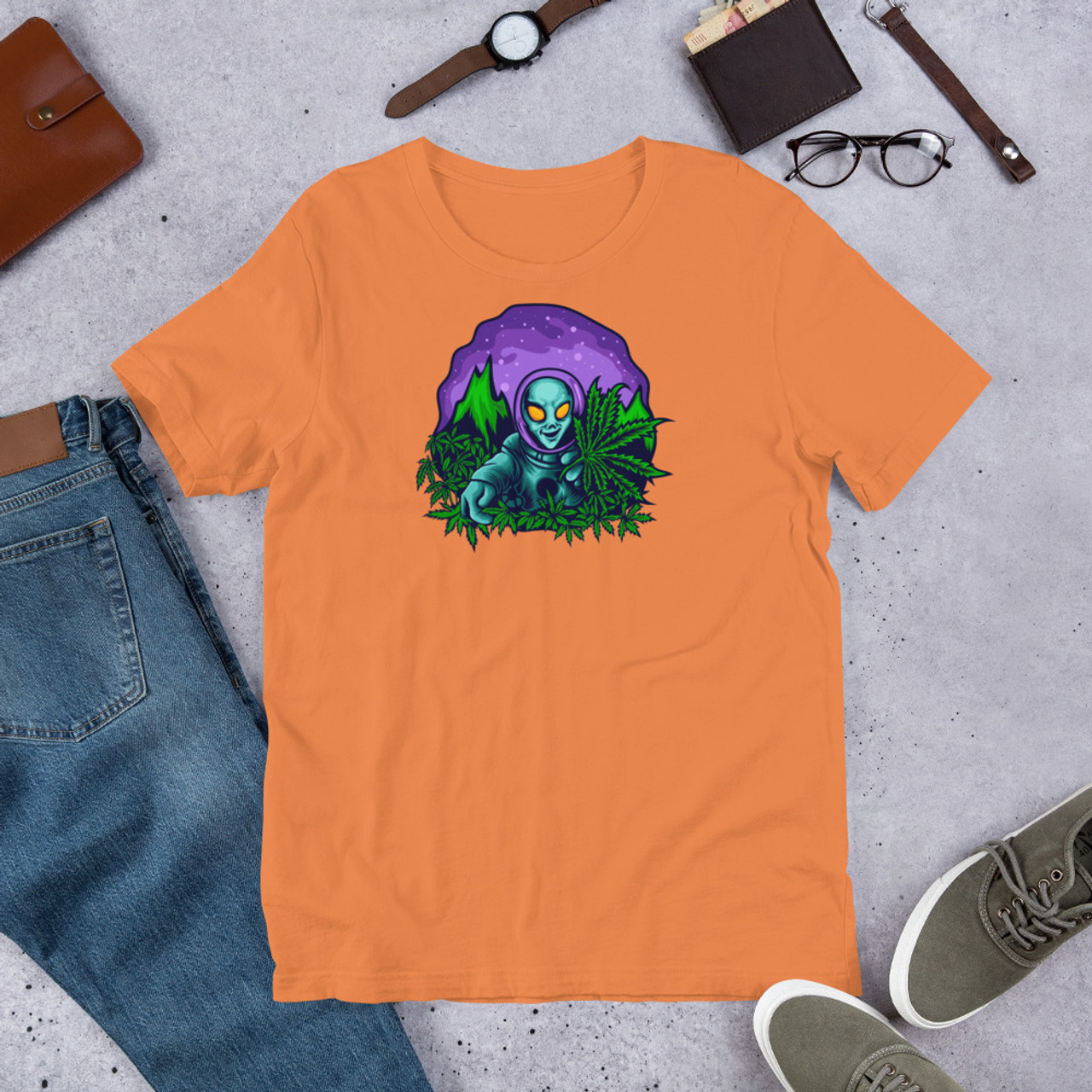 Burnt Orange  Unisex Staple T-Shirt - Bella + Canvas 3001 Alien Cannabis Garden