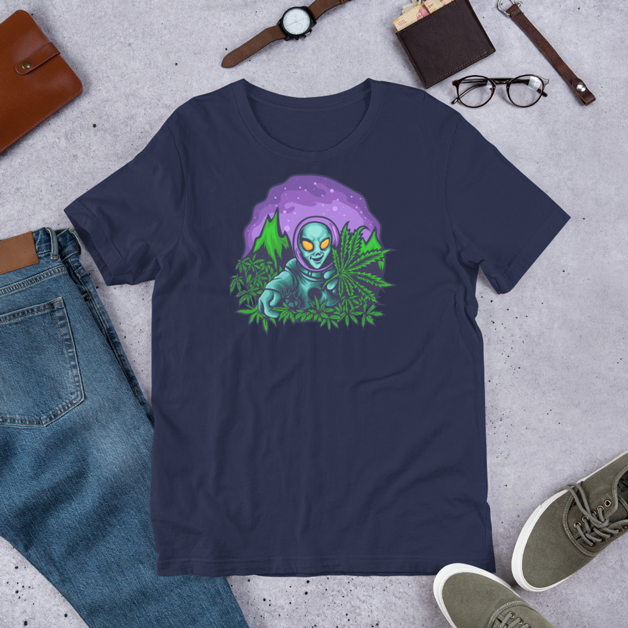 Navy  Unisex Staple T-Shirt - Bella + Canvas 3001 Alien Cannabis Garden