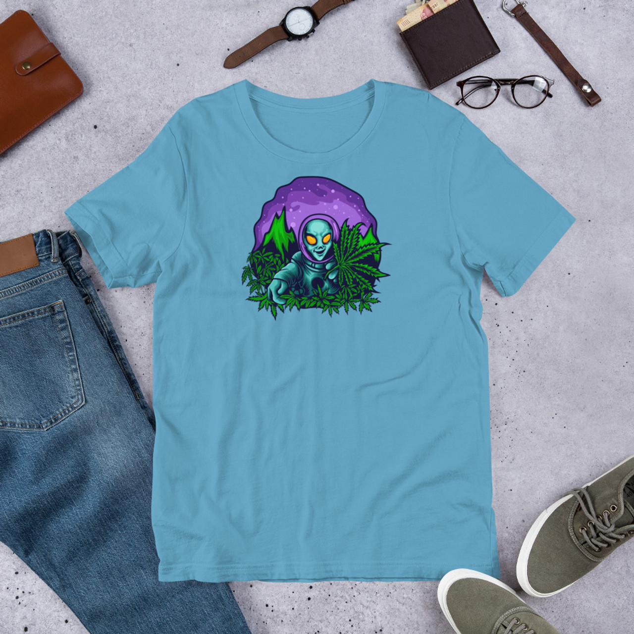 Ocean Blue  Unisex Staple T-Shirt - Bella + Canvas 3001 Alien Cannabis Garden