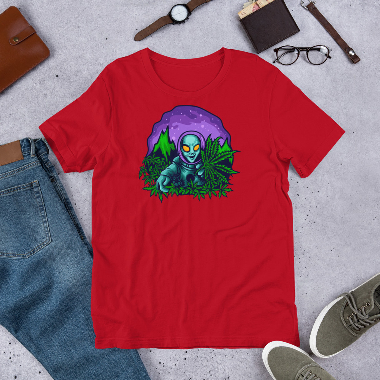 Red  Unisex Staple T-Shirt - Bella + Canvas 3001 Alien Cannabis Garden