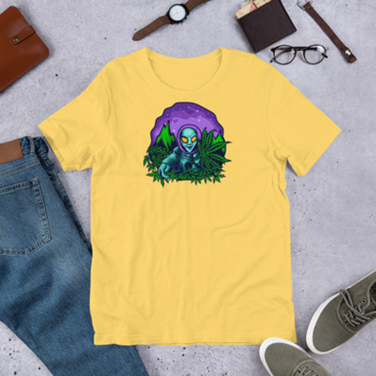 Yellow  Unisex Staple T-Shirt - Bella + Canvas 3001 Alien Cannabis Garden