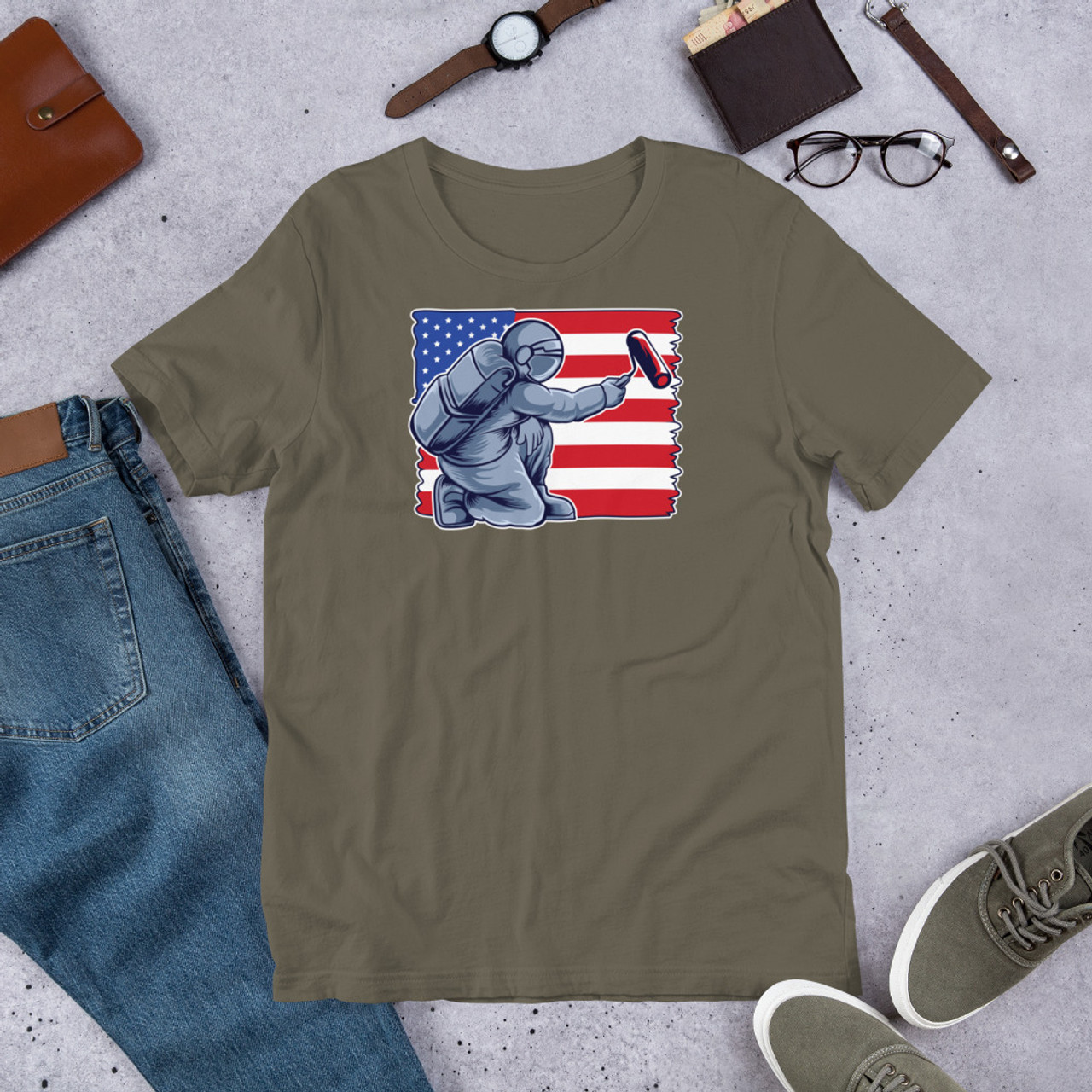 Army T-Shirt - Bella + Canvas 3001 Astronaut Painting Flag