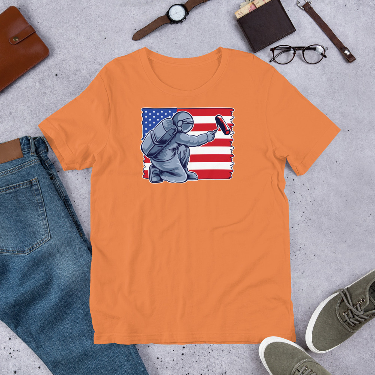 Burnt Orange T-Shirt - Bella + Canvas 3001 Astronaut Painting Flag