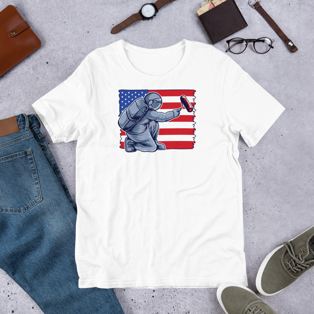 White T-Shirt - Bella + Canvas 3001 Astronaut Painting Flag