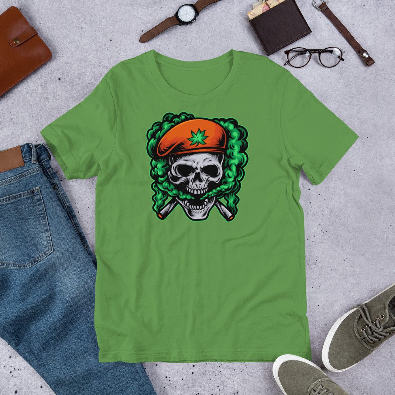 Leaf Unisex Staple T-Shirt - Bella + Canvas 3001 Captain Skull Cannabis