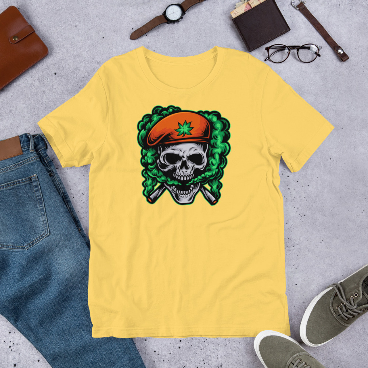Yellow Unisex Staple T-Shirt - Bella + Canvas 3001 Captain Skull Cannabis
