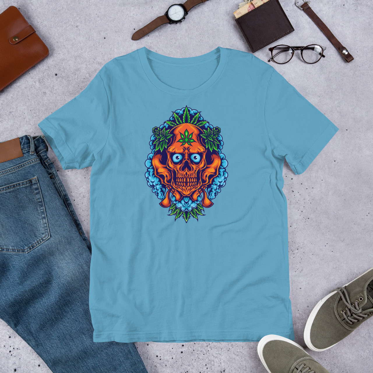 Ocean Blue  Unisex Staple T-Shirt - Bella + Canvas 3001 Cannabis Skull Smoke