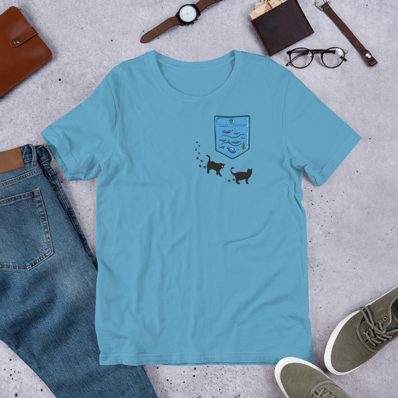 Ocean Blue T-Shirt - Bella + Canvas 3001 Aquarium Pocket