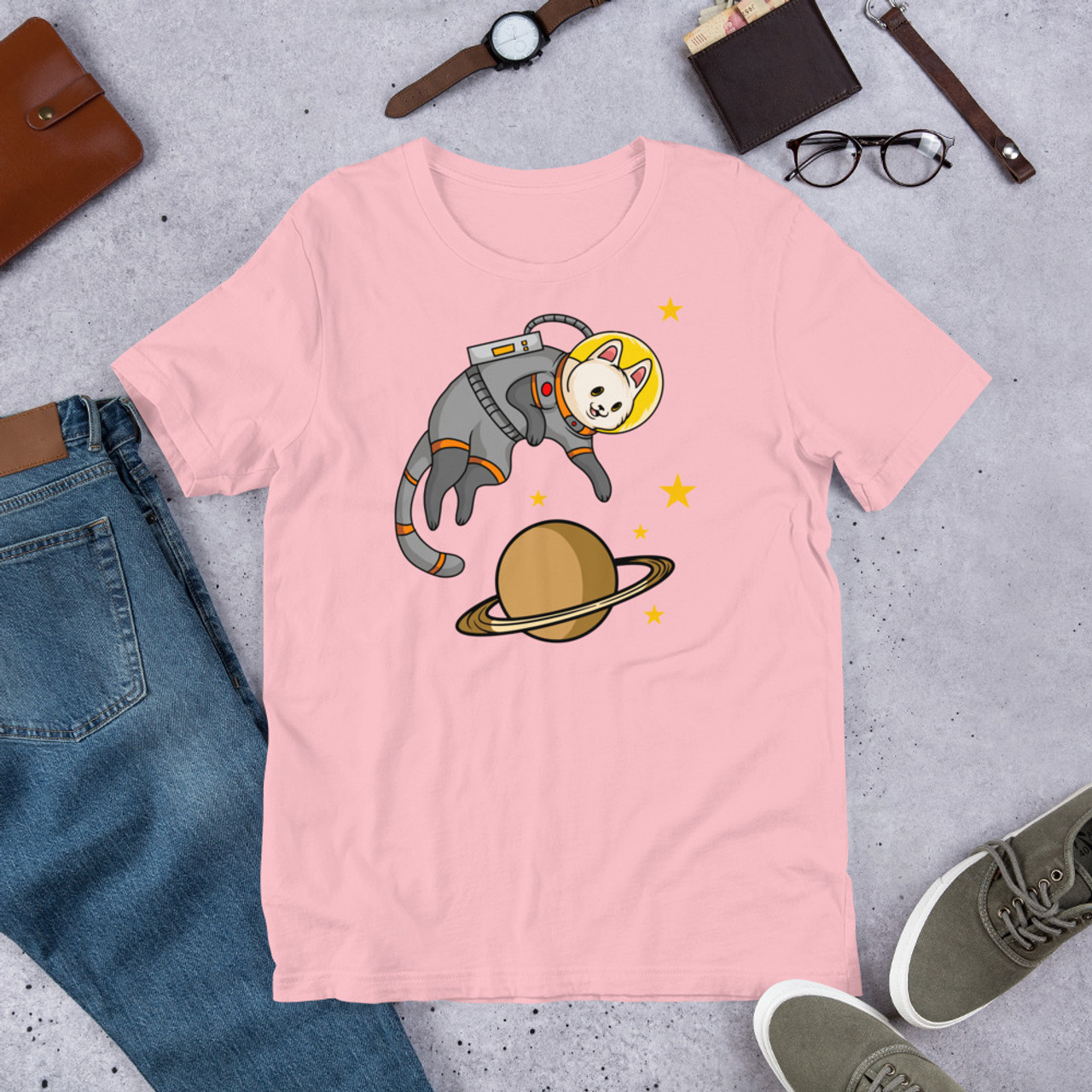 Pink T-Shirt - Bella + Canvas 3001 White Space Cat