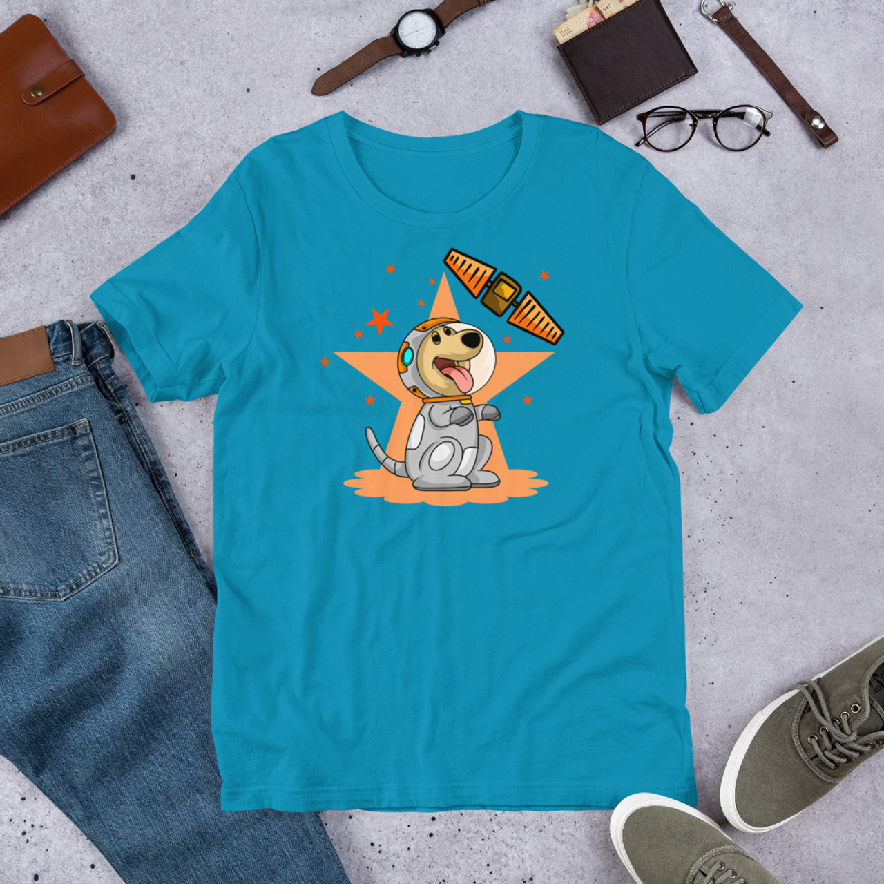 Aqua T-Shirt - Bella + Canvas 3001 Satellite Star Dog