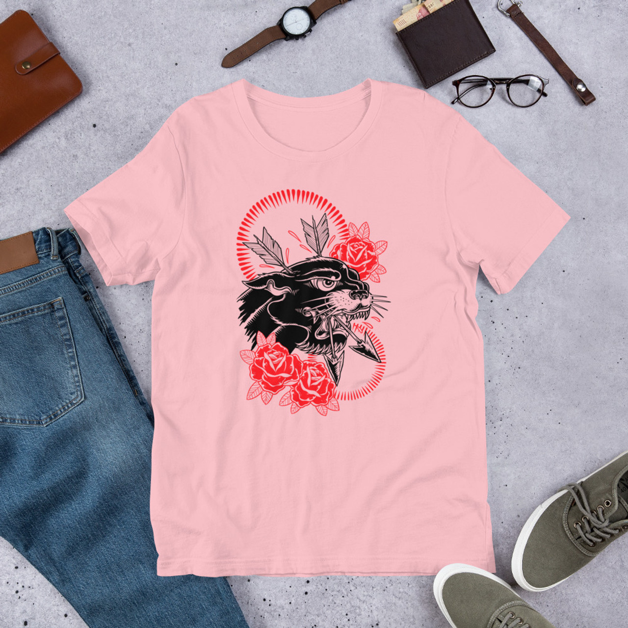 Pink T-Shirt - Bella + Canvas 3001 Black Cat Survivor